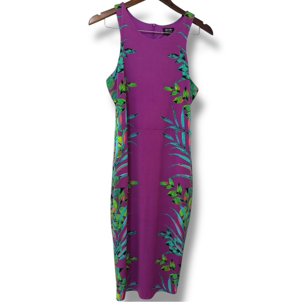 515 Nicole Miller | NWOT Magenta Tropical Leaf Print Sheath Midi Dress (Sz S) - Picture 5 of 17
